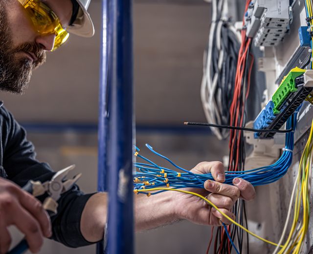 Electrician connecting wires in a distribution board