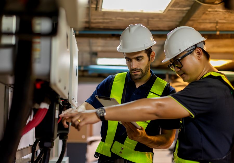 Electricians checking an outdoor power unit
